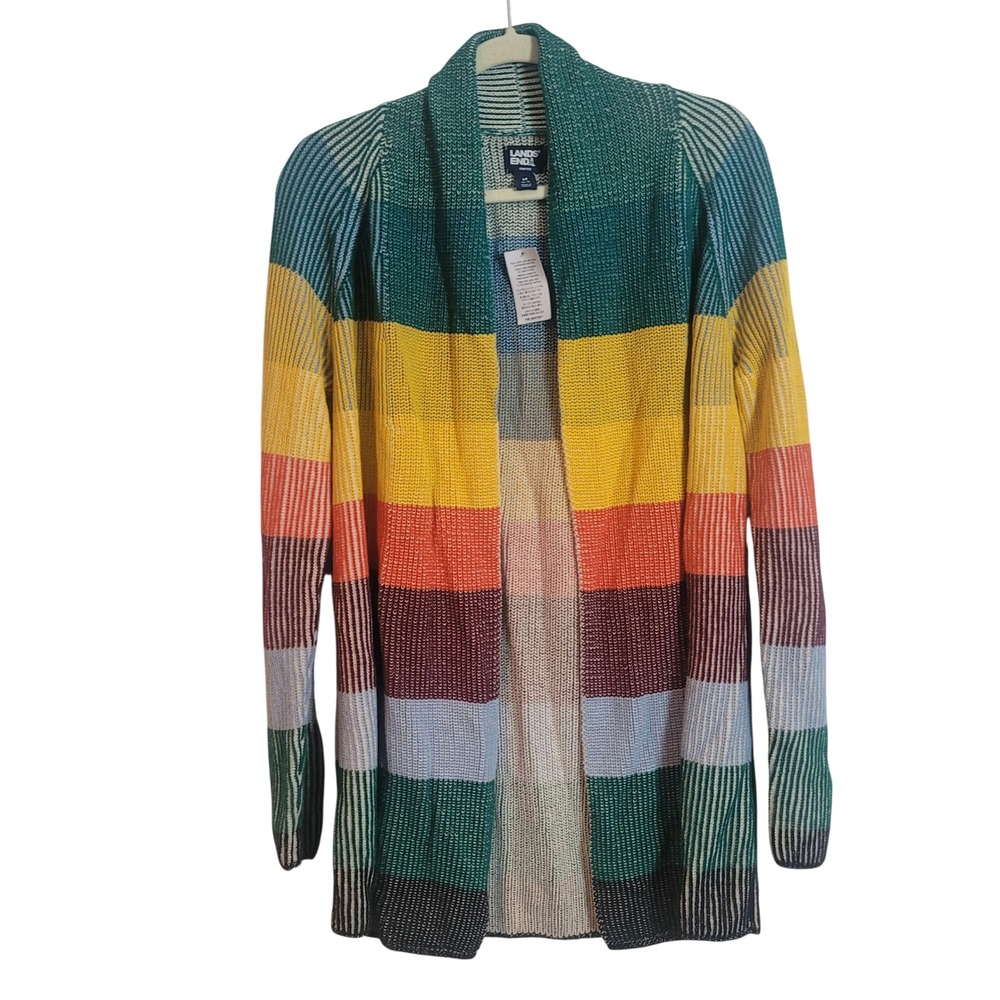 Lands End Drifter Rainbow Stripe Cotton Cardigan Sweater Women Medium Open Front